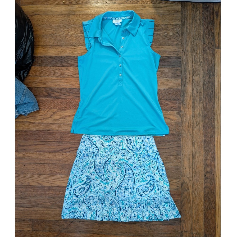 Sigrid Olsen Golf‎ & Tennis Turquoise Blue Paisley Skort and Polo Set XS
